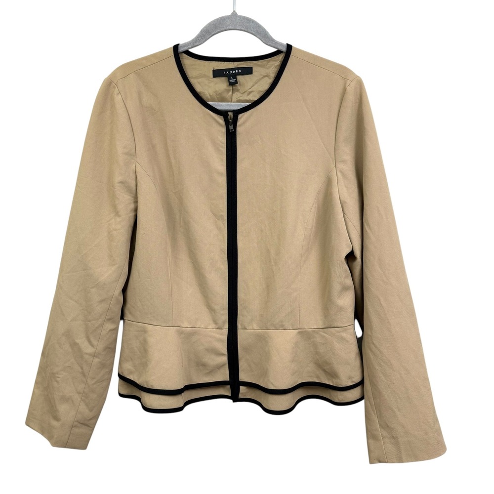 Sandro Women Peplum Blazer Jacket Collarless Lined Zip Up Tan Black Trim Size L*
